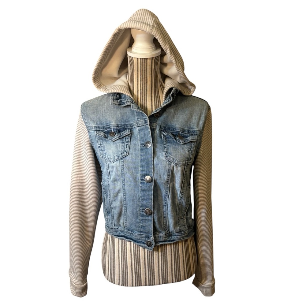 SALE! Wallflower Jean Jacket M Light Blue Denim Cream Beige Striped Sleeves Hood